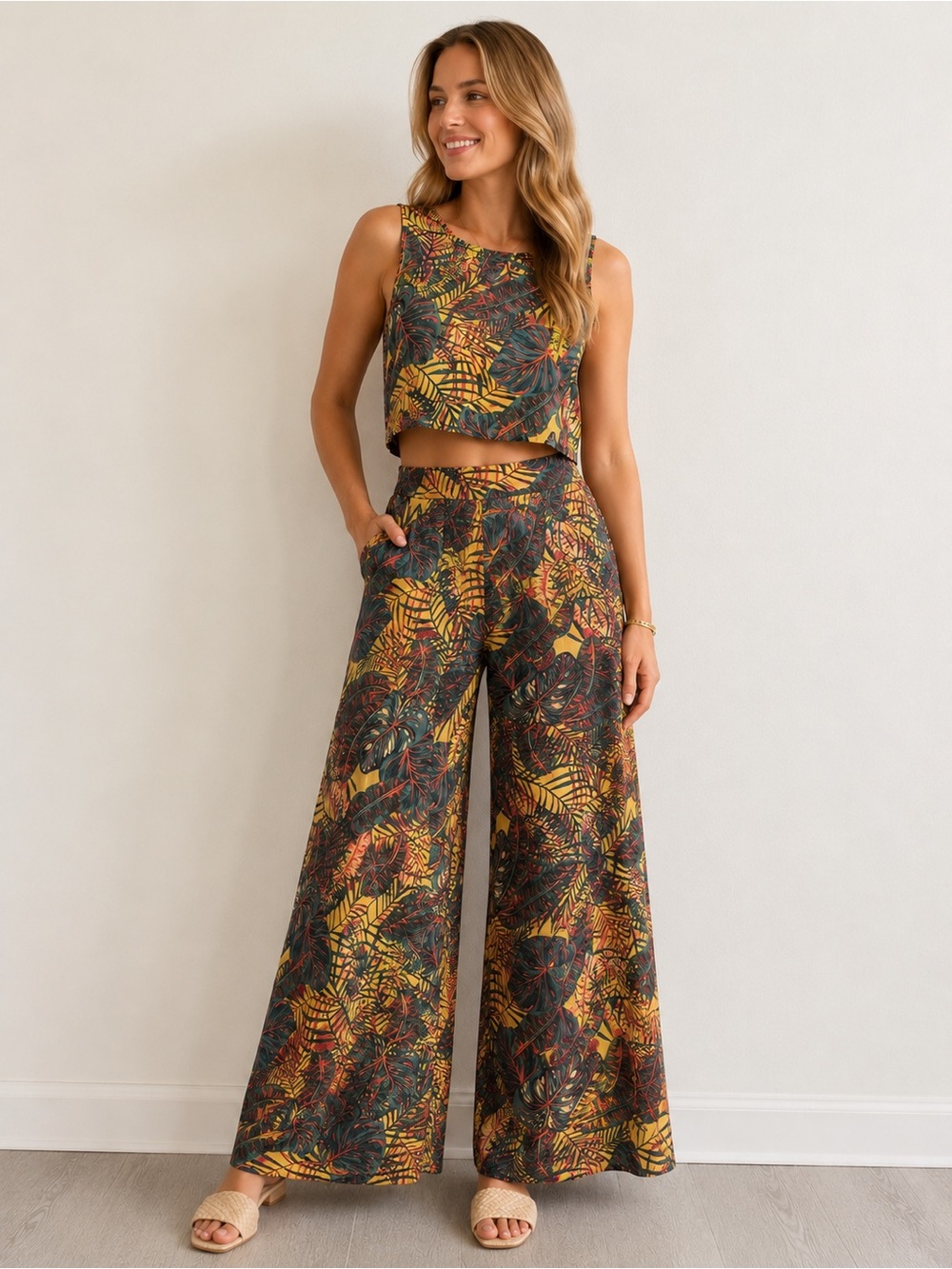 SHEIN Gold Yellow Tropical Print Wide-Leg Matching Set - L
